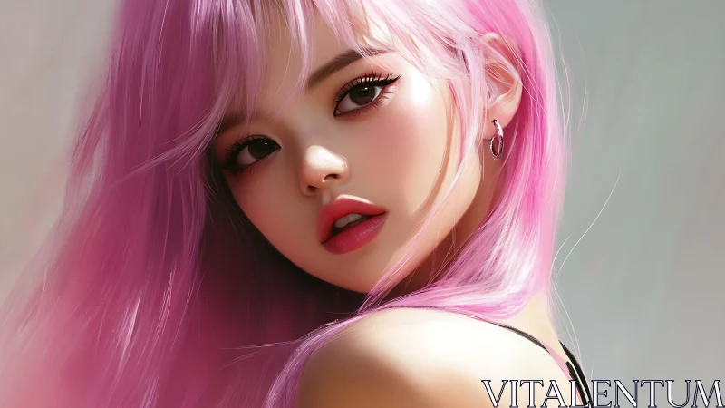 Digital portrait with luminous pink hair and glossy lips.