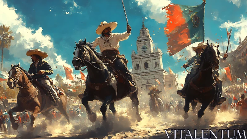 Riders in wide-brimmed hats charge past a bright city plaza