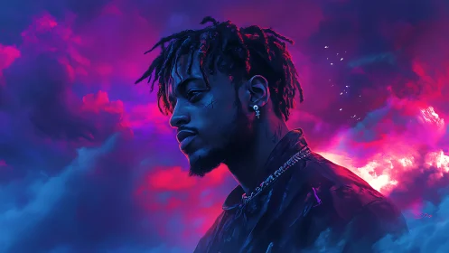 Moody neon portrait glows against vivid cyberpunk sky.