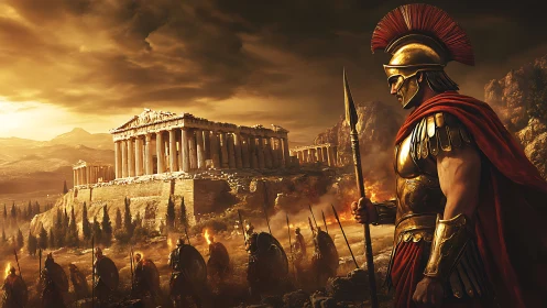 Heroic Greek warrior defends a burning Acropolis at dusk