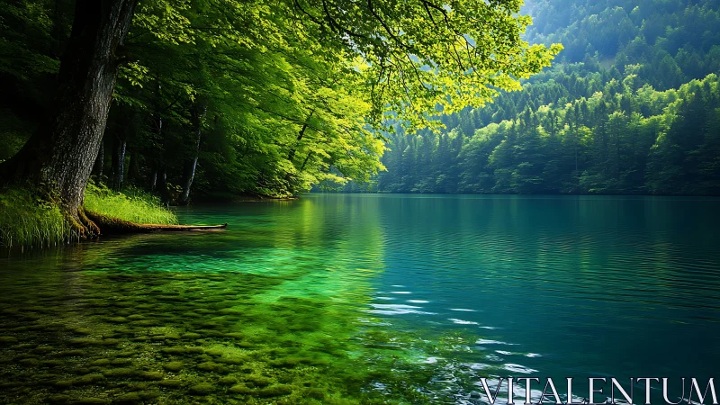 Emerald forest lake dreaming in glassy sunlit stillness.