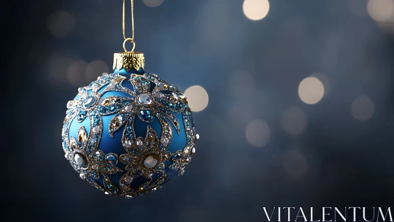 Blue ornament shimmers with jeweled filigree on dark bokeh.