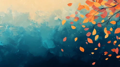 Autumn leaves drifting over twilight teal painted sky.