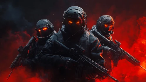 Armored soldiers emerge from red smoke in a tense standoff