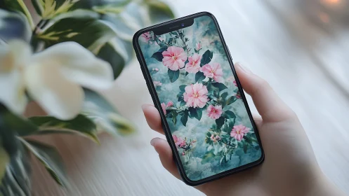 Hand holding smartphone displaying floral pink flower wallpaper.
