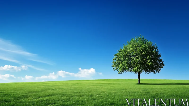 Lone green tree on grassy hill under clear blue sky, digital art.