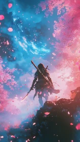 Samurai silhouette beneath luminous sakura sky portal.