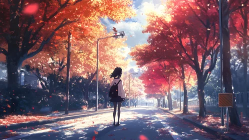 Girl on tree-lined street under bright autumn foliage.