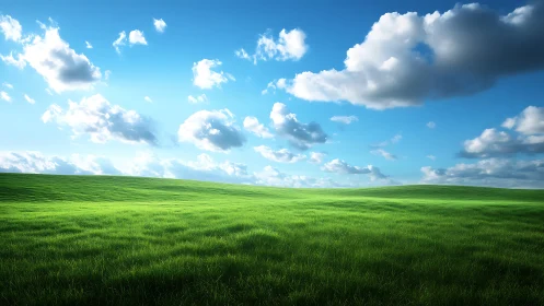 Sunlit green meadow rolling beneath wide open skies.