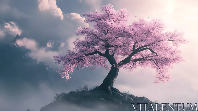 Isolated sakura tree on misted ridge with volumetric light.