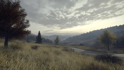 Overcast autumn prairie road with distant conifer ridgeline