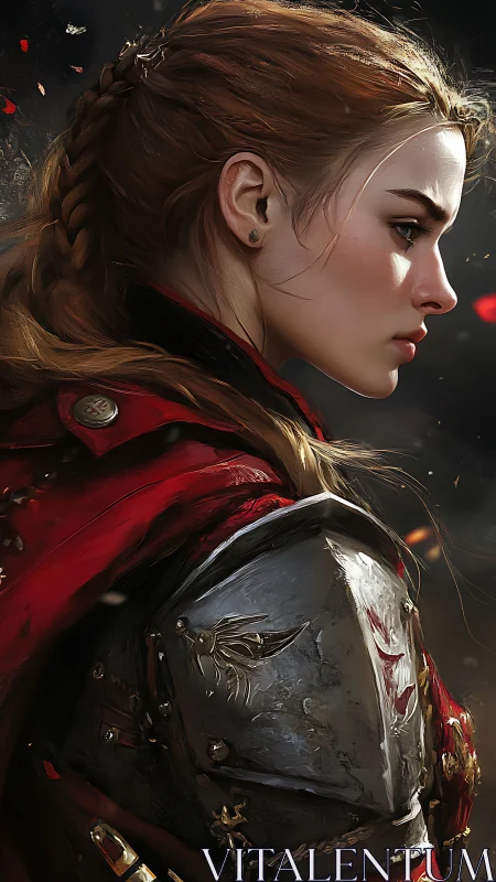 Profile study of red-clad female warrior in armor.