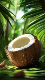 Tropical coconut macro render with lush palm foliage focus.