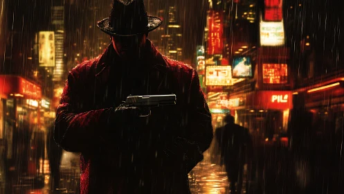 Silhouetted gunman stands in rain on neon city street