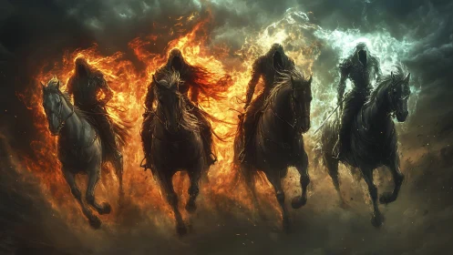 Fiery spectral riders charge through stormlit twilight.