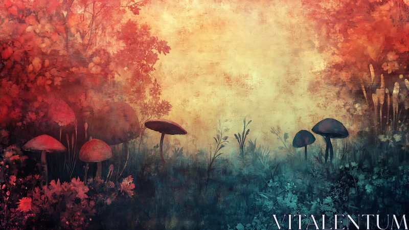Mystic forest mushrooms glow under warm twilight haze.