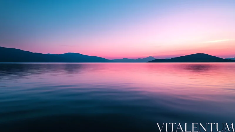 Pastel sunset over tranquil lake with distant dark hills.