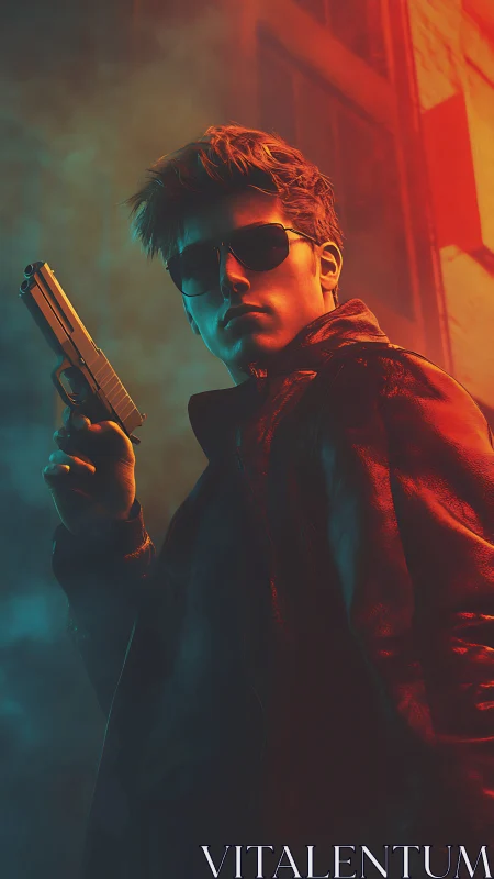 Backlit gunman rendered with dual-color cinematic rim lighting