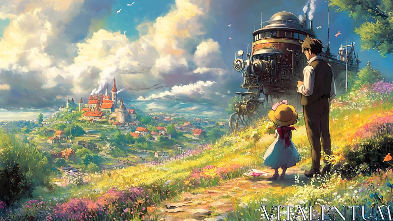 Storybook hillside journey toward a blooming steampunk town.