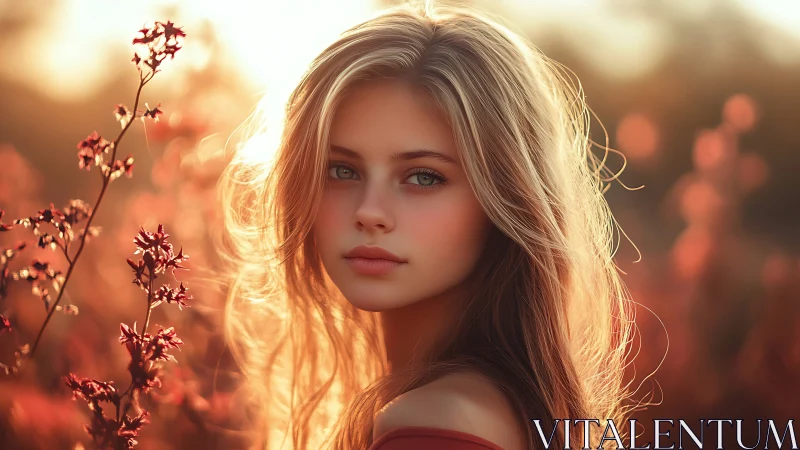 Sunlit girl in a golden meadow at gentle autumn dusk.