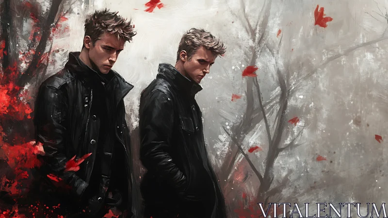 Brooding leather-clad twins among storm-tossed crimson leaves.