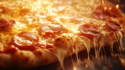 Molten cheese stretch on pepperoni pizza under dramatic lighting