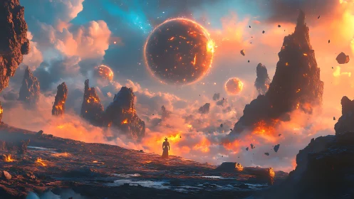 Epic volcanic exoplanet vista with lone cloaked figure digital painting.
