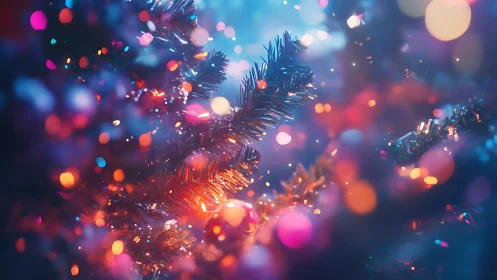 Holiday tree branches glow amid colorful defocused lights
