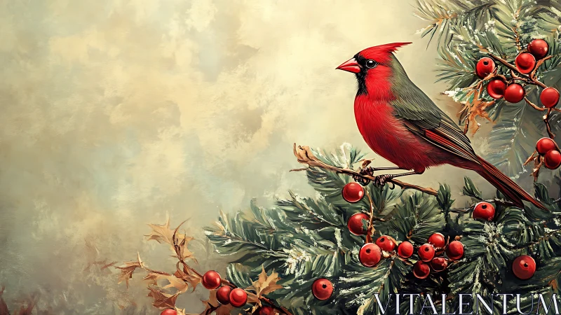 Vibrant red cardinal on wintery pine branch, digital painting style.