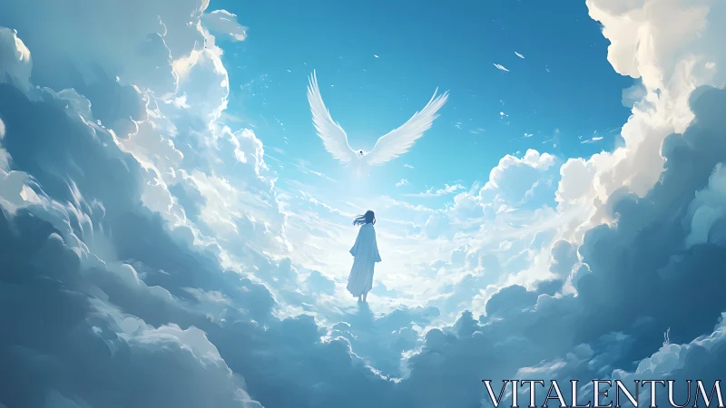 Ethereal figure ascending toward radiant dove in clouds.