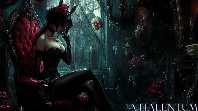 Gothic lounge portrait renders a darkly ornate boudoir tableau