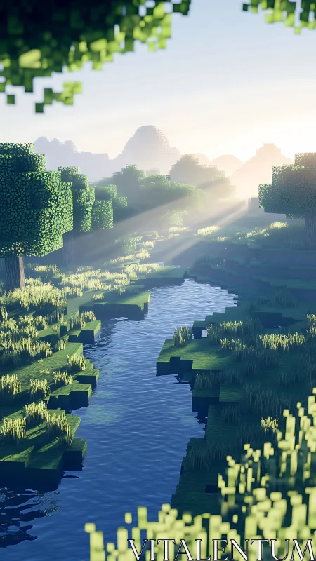 Voxel river landscape shows sunrise light across trees