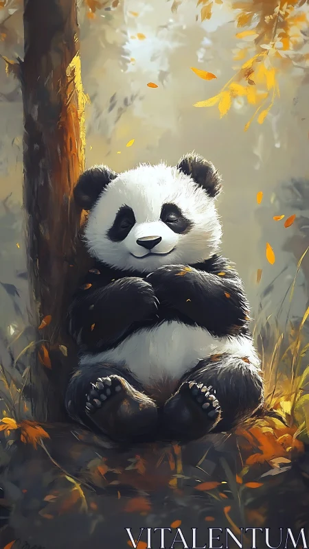 Calm panda resting against tree in soft autumn light.