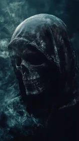 Shrouded skeletal reaper in cold teal cinematic lighting.