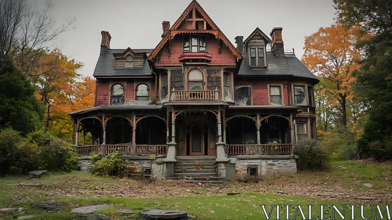 Weathered Victorian mansion with decayed porch and yard.