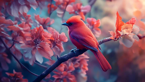 Vibrant cardinal perched on branch in dreamy floral setting.