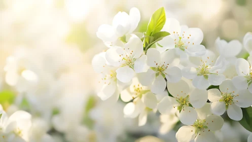 White Blossom Cluster with Golden Stamens and Green Foliage