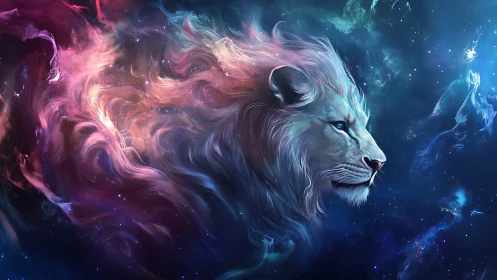 Celestial lion profile in swirling colorful nebula.