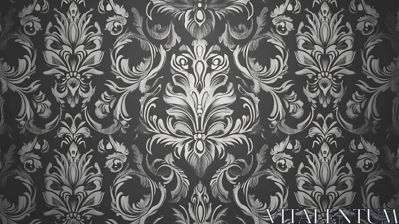 Elegant Baroque Floral Damask Pattern in Gray and Silver Tones.