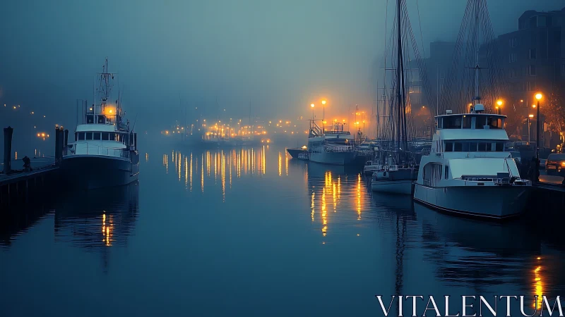 Foggy harbor with docked boats and warm streetlights at night.