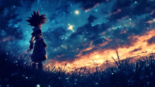 Backlit anime figure surveying bioluminescent dusk horizon.