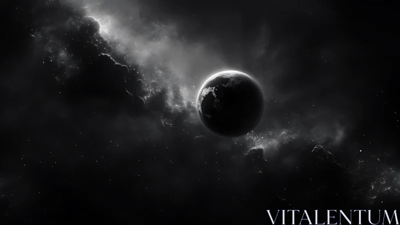Monochrome planet suspended in deep cosmic shadow.