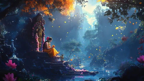 Serene temple ritual beside illuminated forest river scene.