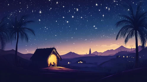Nativity hut and distant village under starry desert sky.