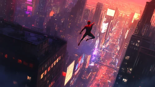 Swinging hero soaring above neon drenched city streets.