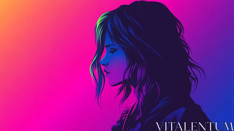 Profile silhouette of woman on gradient neon backdrop.