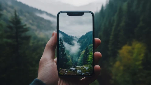 Smartphone landscape framing: mountain valley forest photography through mobile device screen