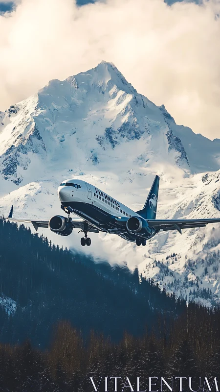 Jetliner climbing toward a sunlit snow crowned mountain peak.