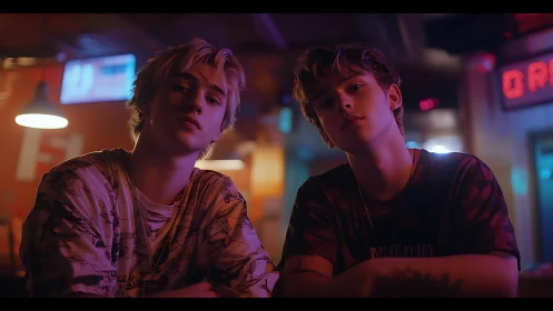 Dual portrait of two youths in neon bar interior, shallow depth