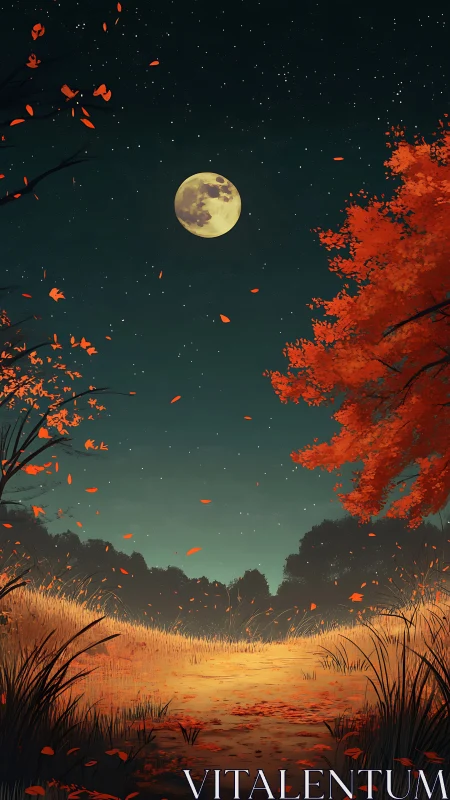 Moonlit autumn field under vivid orange foliage at night.